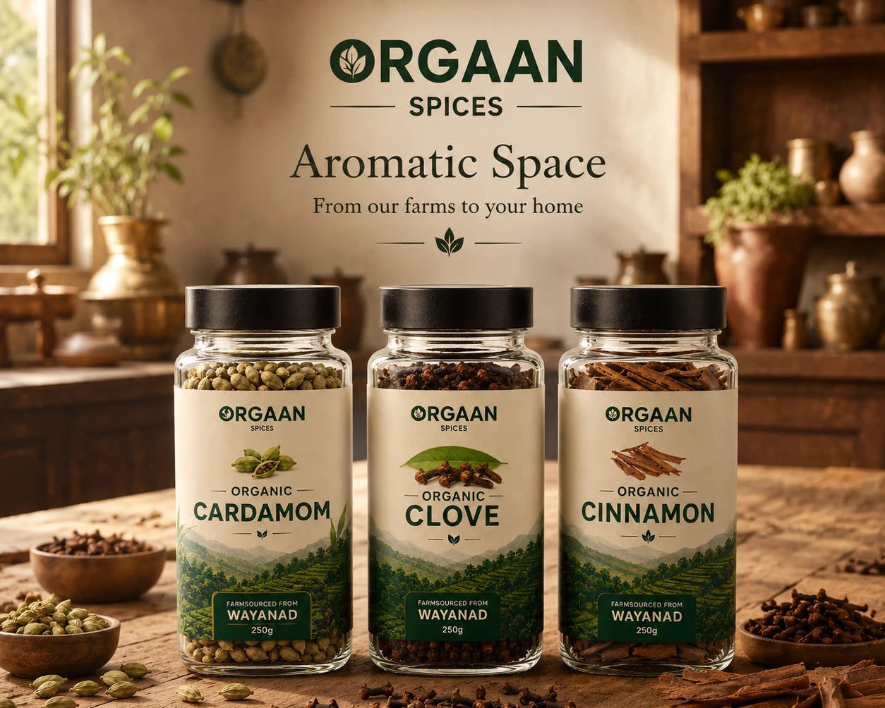 Three jars of Orgaan spices on a wooden table with a rustic kitchen background.