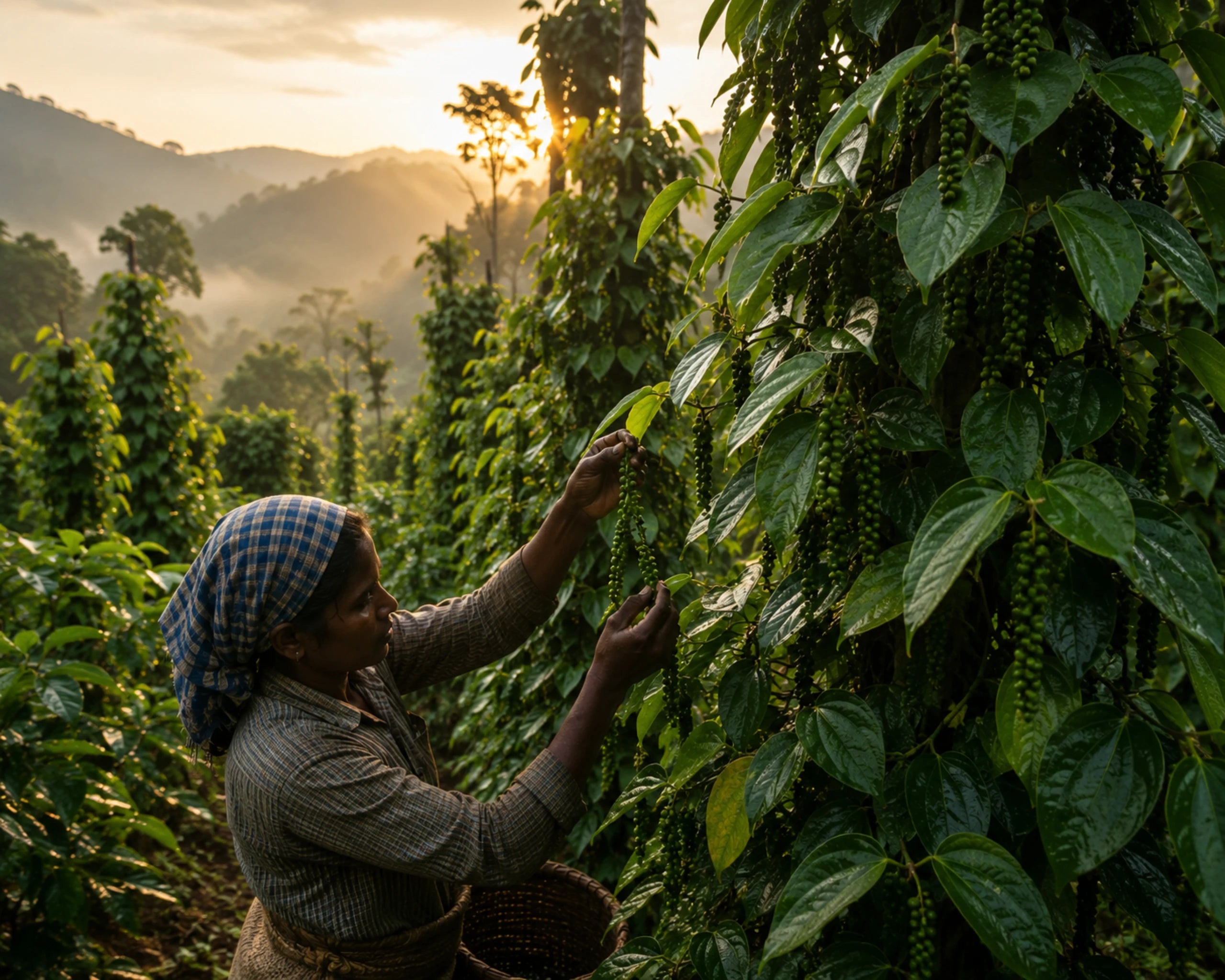 Woman harvesting pepper in a field with a scenic background
