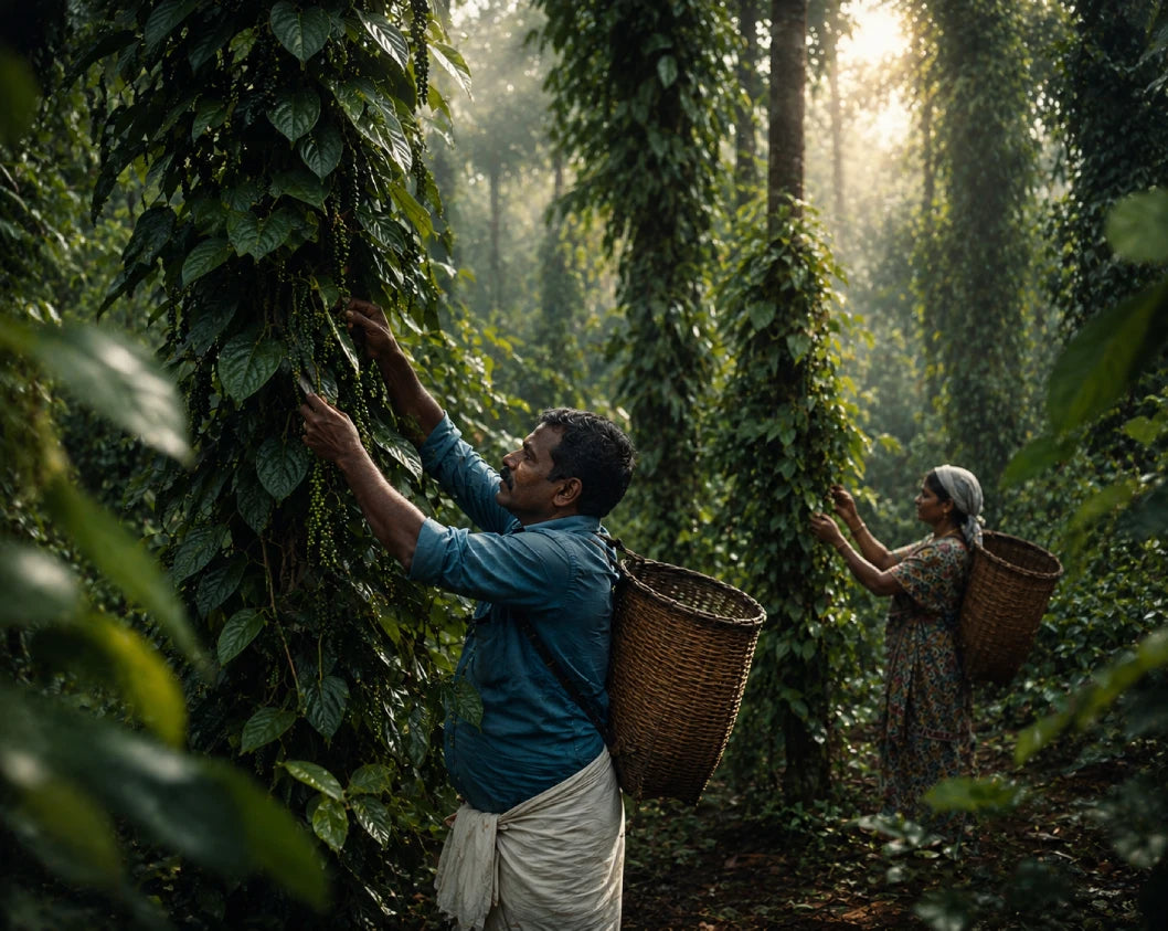 Two people working in a coffee plantation with coffee plants and baskets.