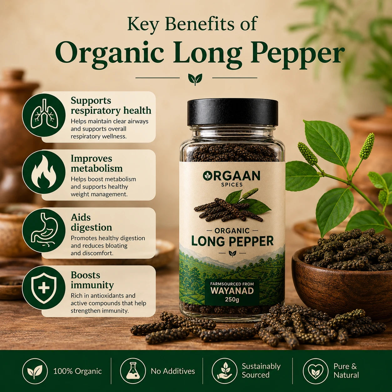 Orgaanspices Organic Long Pepper bottle with key benefits listed on a wooden surface with green leaves.