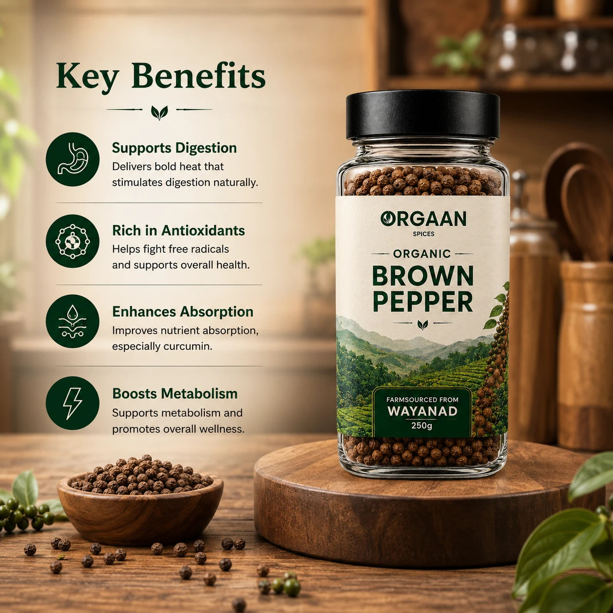 Jar of Orgaan Organic Brown Pepper with key benefits listed on a wooden background