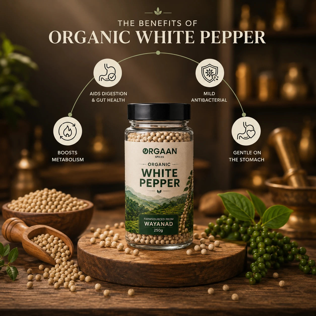Jar of organic white pepper with health benefits on a wooden surface