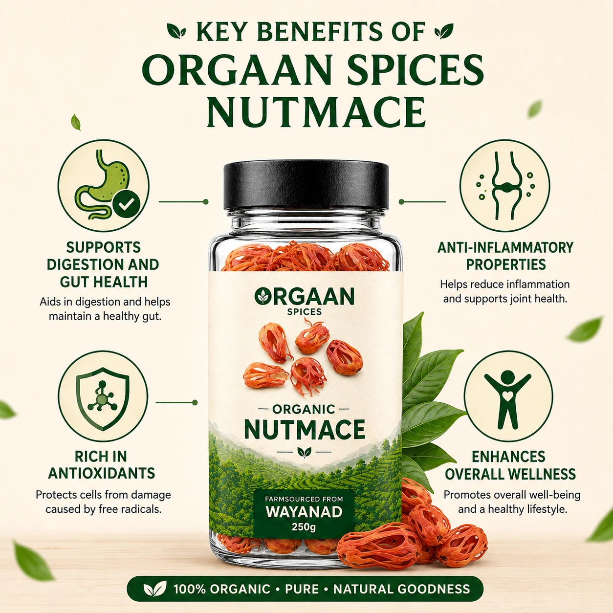 Orgaan Spices Nutmace packaging with key benefits listed on a white background