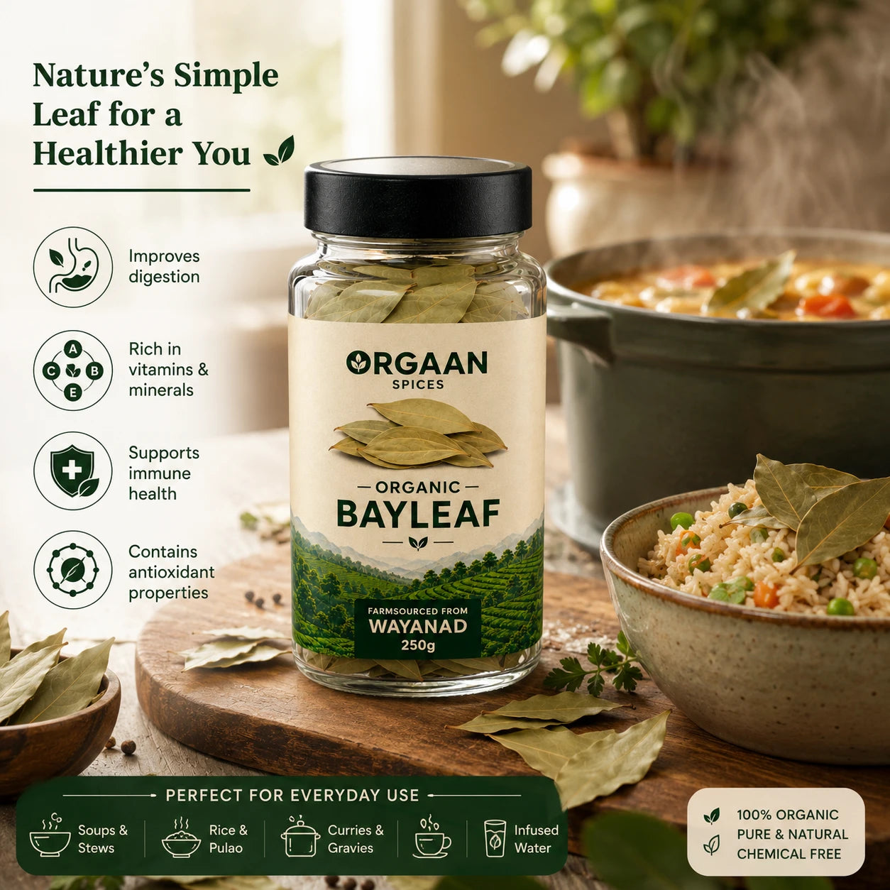 Orgaan Spices Organic Bayleaf jar with benefits listed on a wooden surface.