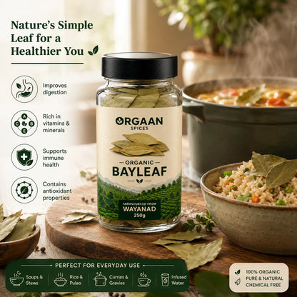 Orgaan Spices Organic Bayleaf jar with benefits listed on a wooden surface.