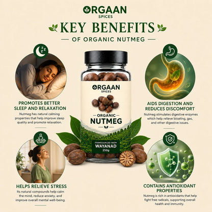 Orgaan organic nutmeg spice bottle with key benefits on a beige background