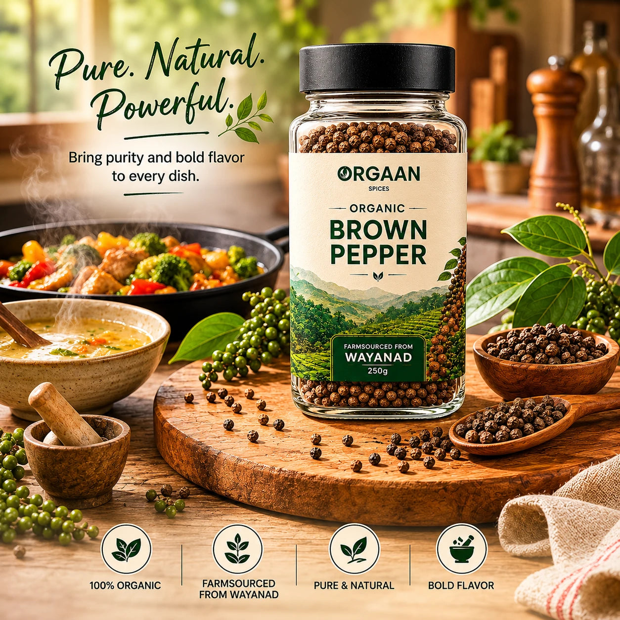 Jar of Orgaan Organic Brown Pepper on a wooden surface with cooking ingredients and text highlighting product features.