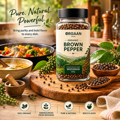 Jar of Orgaan Organic Brown Pepper on a wooden surface with cooking ingredients and text highlighting product features.
