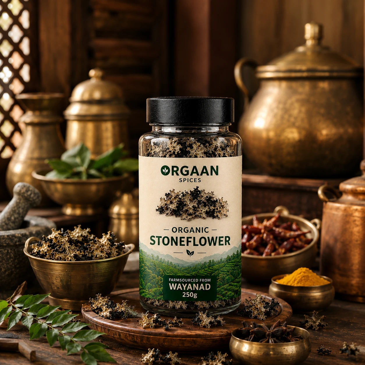 Bottle of Orgaan Spices Organic Stoneflower on a wooden surface with spices and herbs in the background.