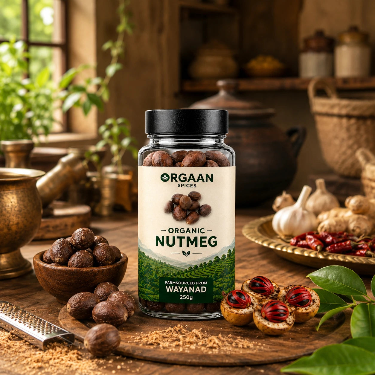 Orgaan Organic Nutmeg spice jar on a wooden table with nutmeg and other spices.