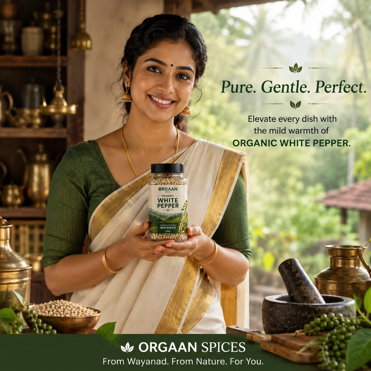 Woman holding a jar of ORGAAN SPICES organic white pepper with a rustic kitchen background.