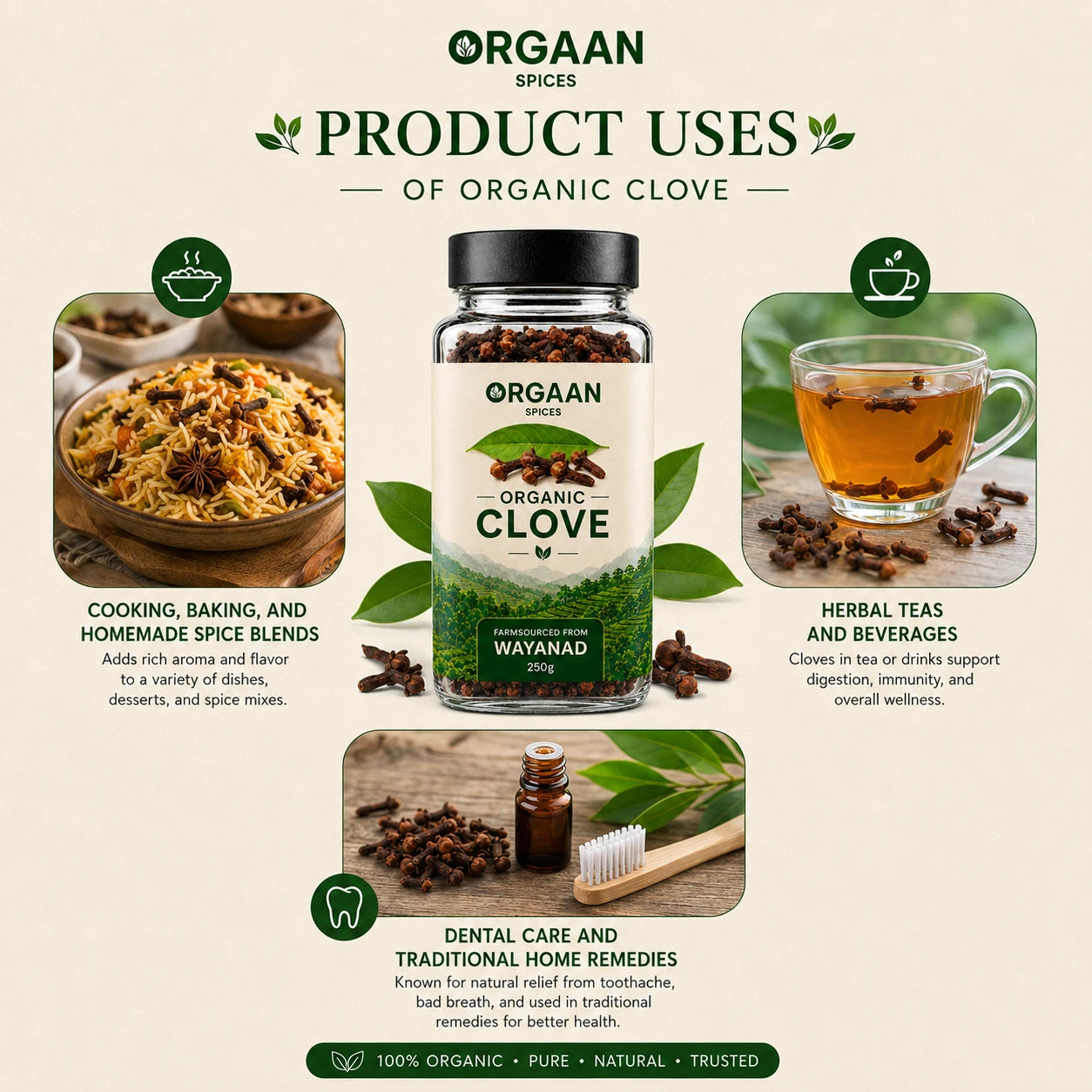 Orgaan organic clove product with uses and benefits on a beige background