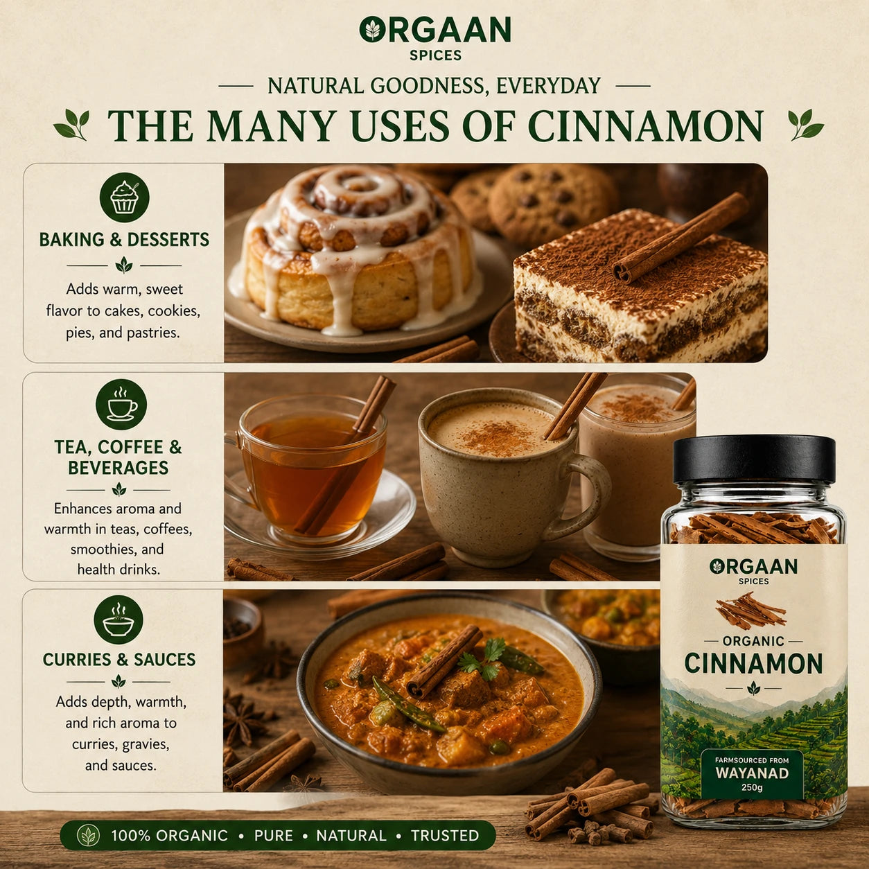 Orgaan spices advertisement with cinnamon uses and a jar of organic cinnamon.