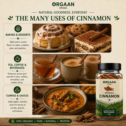 Orgaan spices advertisement with cinnamon uses and a jar of organic cinnamon.