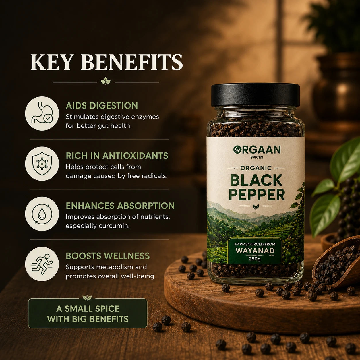 Organic Kerala Black Pepper | Washed, Premium Bold Grade Pepper | 250g