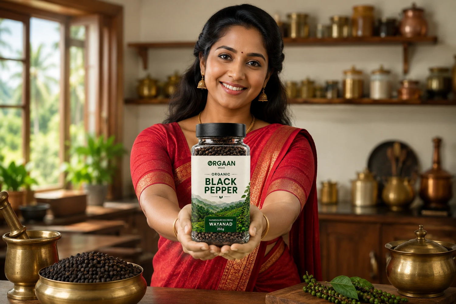 Woman holding a bottle of Organic Black Pepper in a kitchen setting