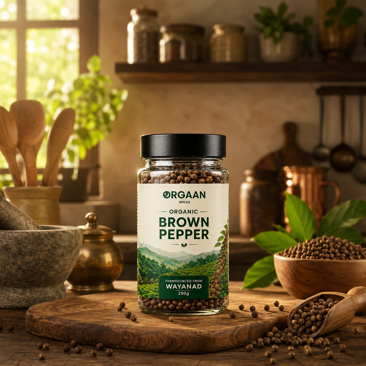 Jar of Orgaan Organic Brown Pepper on a wooden surface with kitchen items in the background