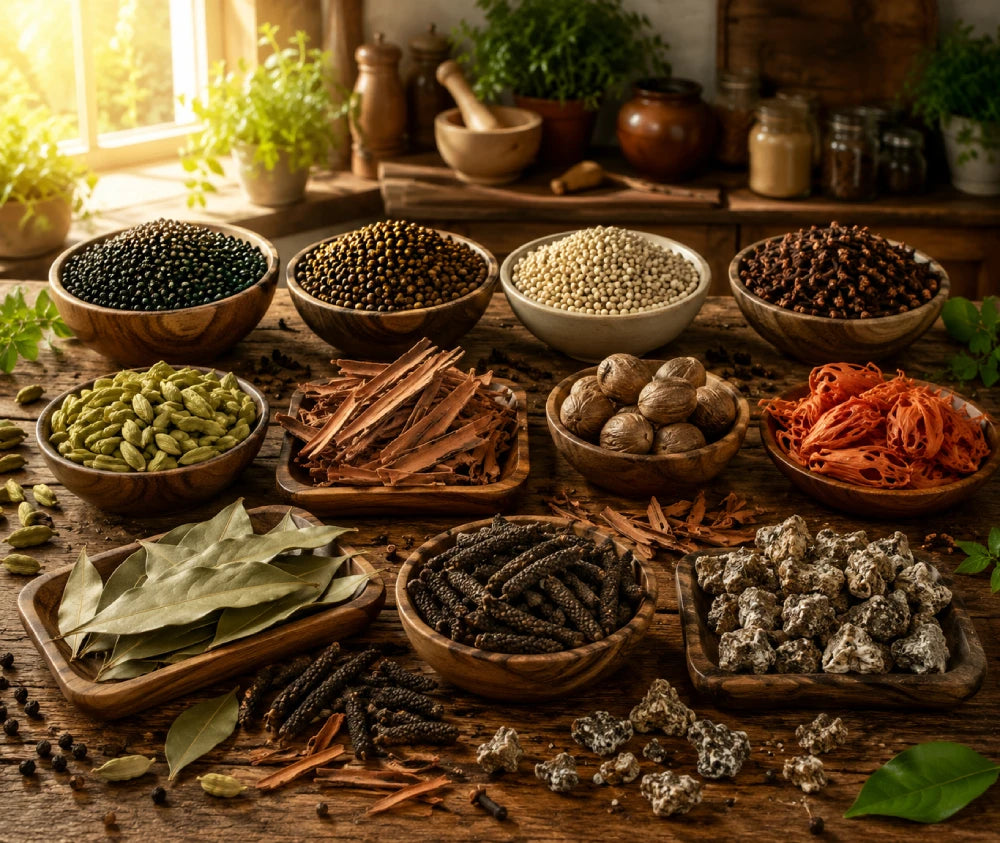 Assorted spices and herbs on a wooden table with a warm, natural light setting.