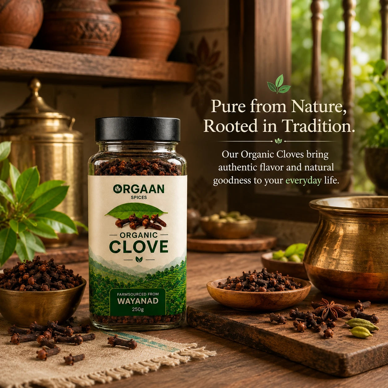 Jar of ORGAAN Organic Clove on a wooden surface with traditional kitchen items and text about natural and traditional flavors.