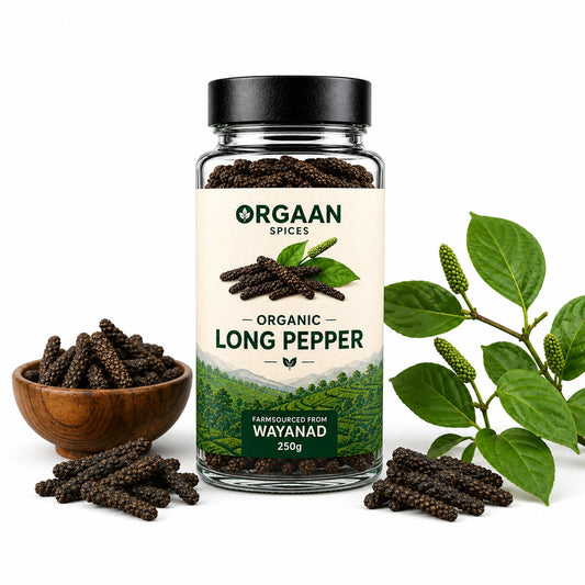 Jar of Orgaan organic long pepper with a white background