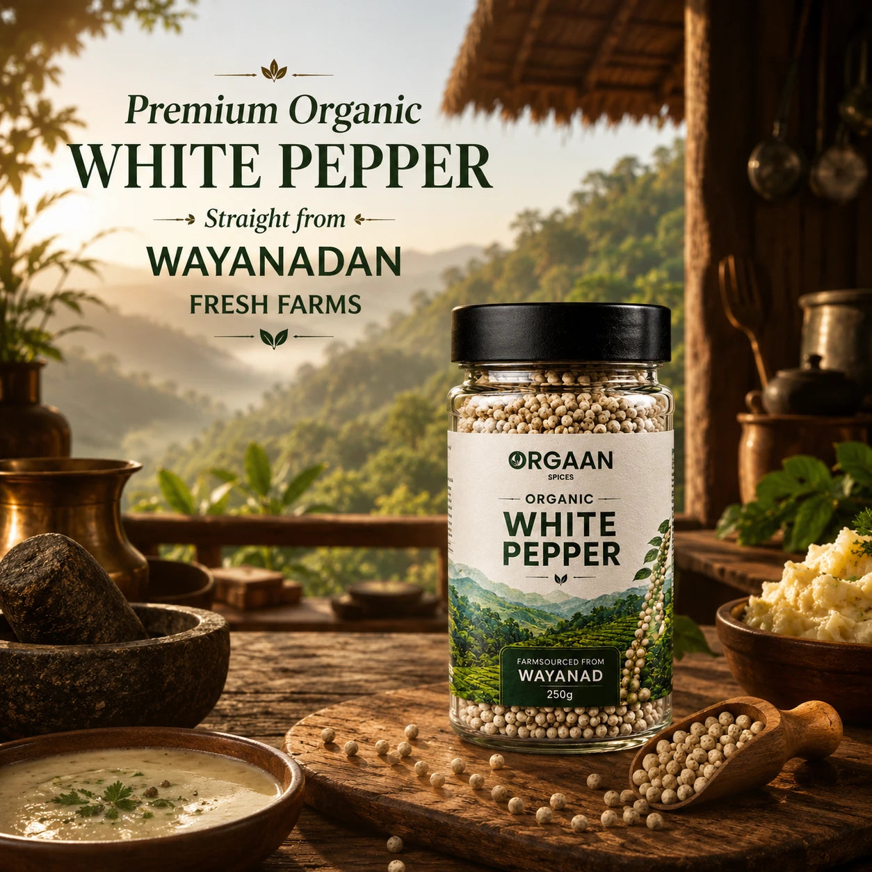 Jar of organic white pepper with a scenic background
