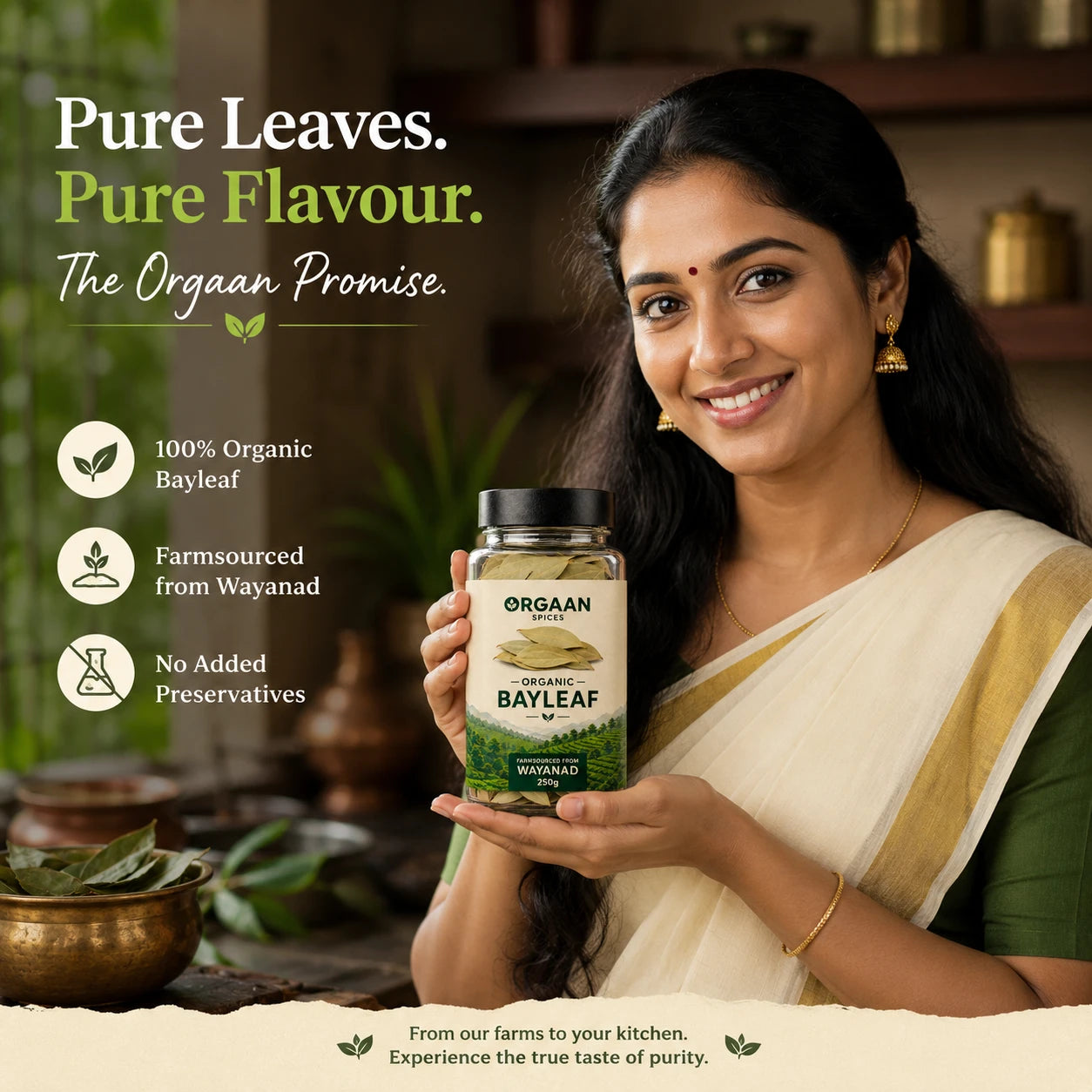Woman holding a bottle of Orgaan Organic Bayleaf with promotional text about purity and organic quality.