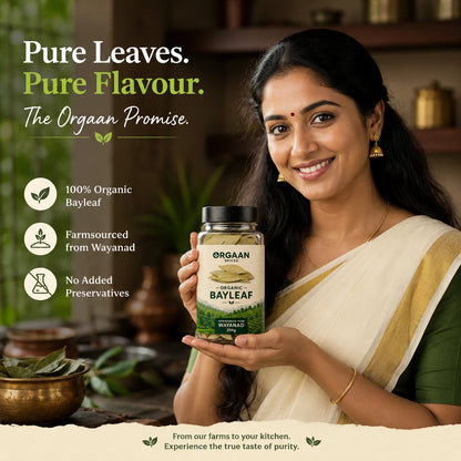 Woman holding a bottle of Orgaan Organic Bayleaf with promotional text about purity and organic quality.