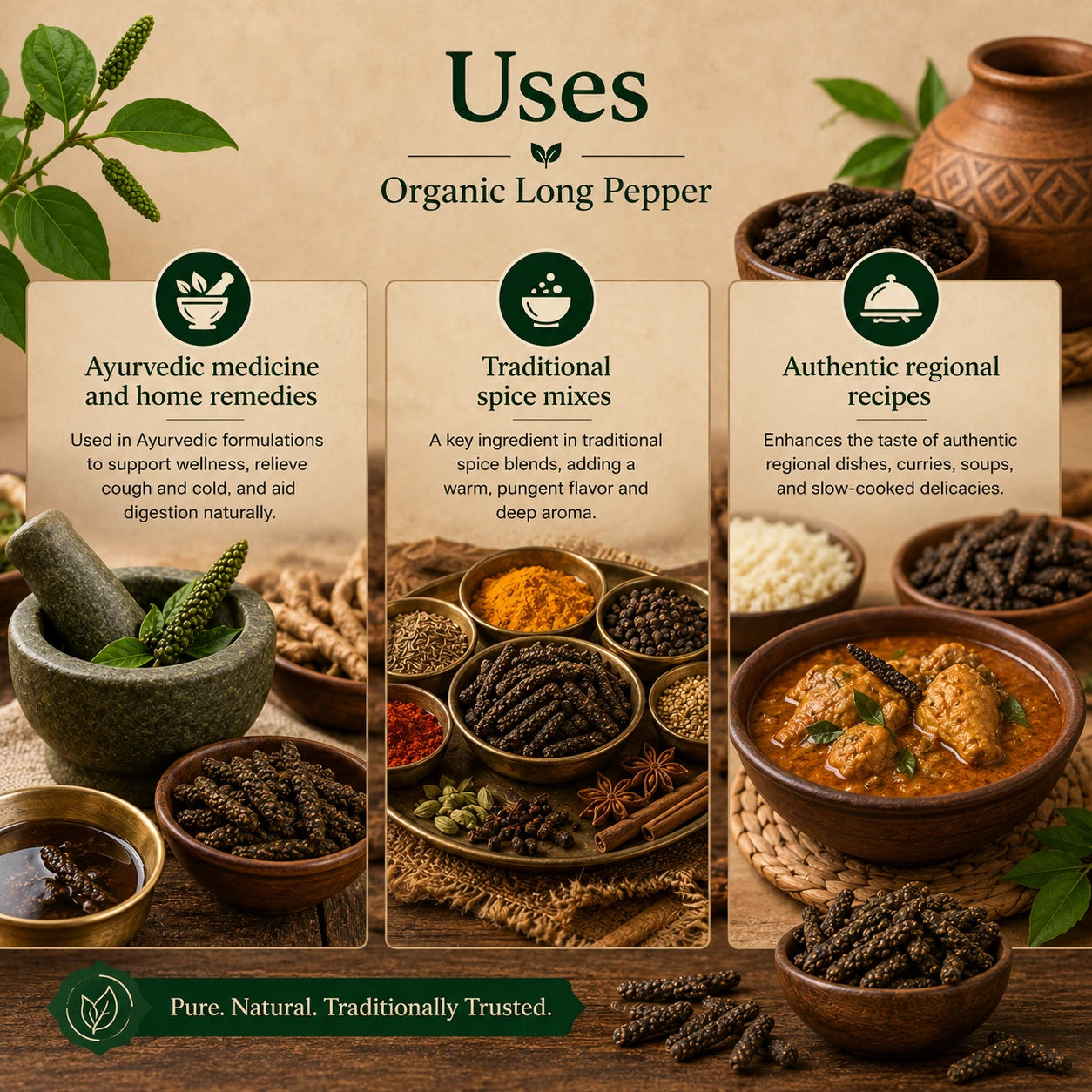 uses of organic long pepper with images and text.