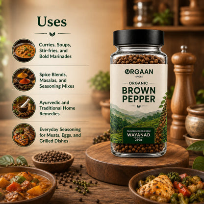 Jar of Orgaan Organic Brown Pepper with uses listed on a wooden background