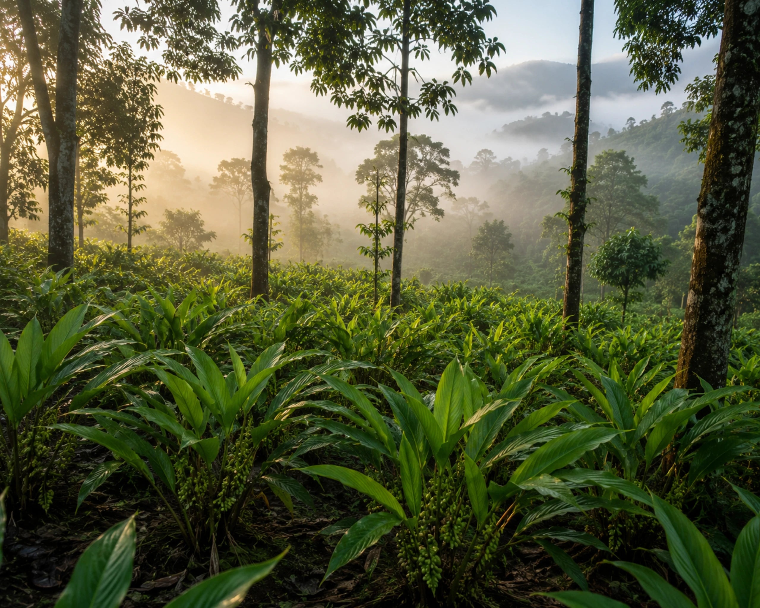 Forest with trees and plants in the foreground, mountains in the background