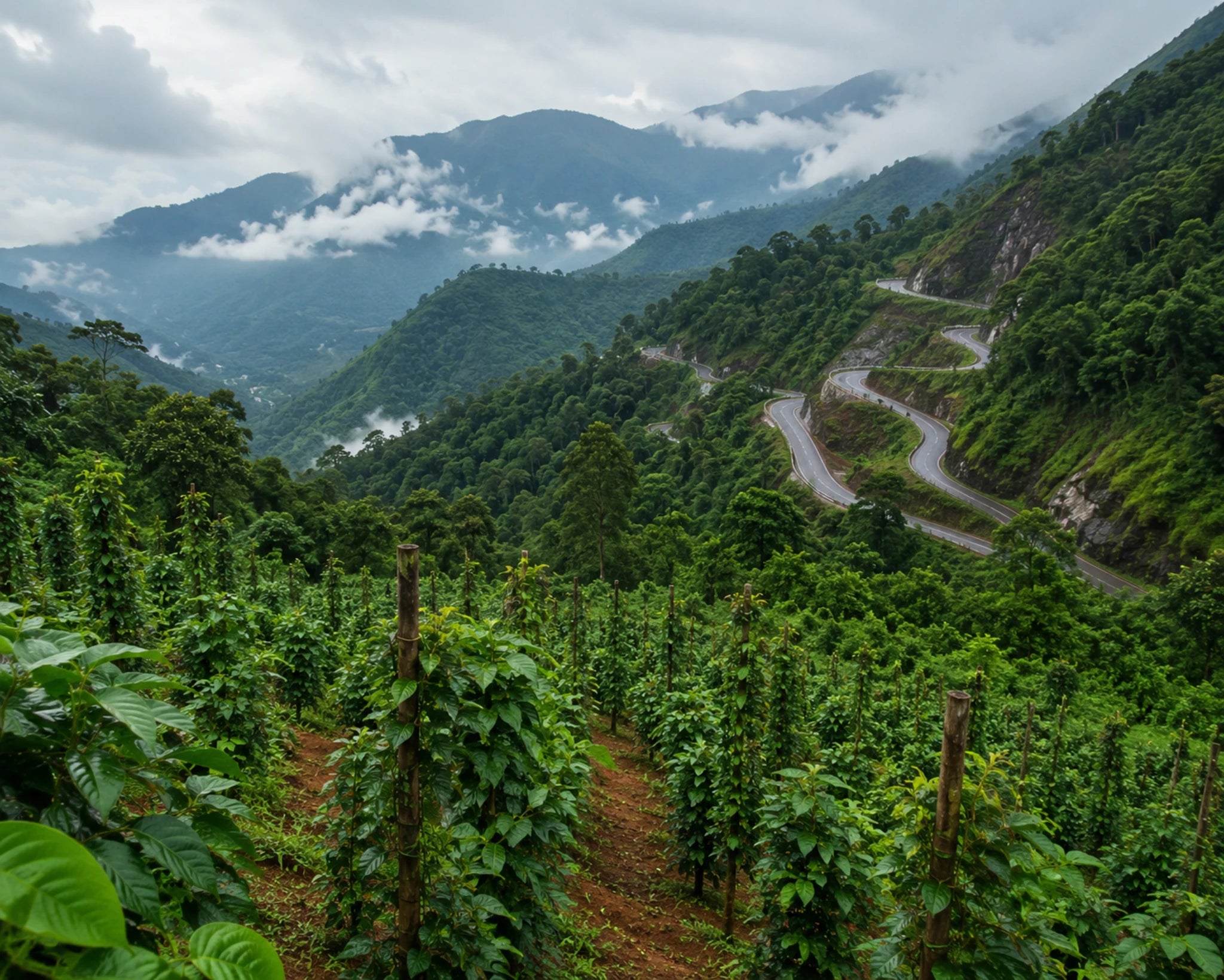 Winding road through a lush green valley with mountains in the background
