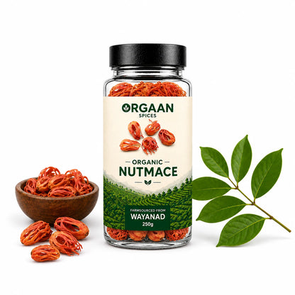 Jar of Orgaan organic nutmace with a bowl of nutmace and leaves on a white background