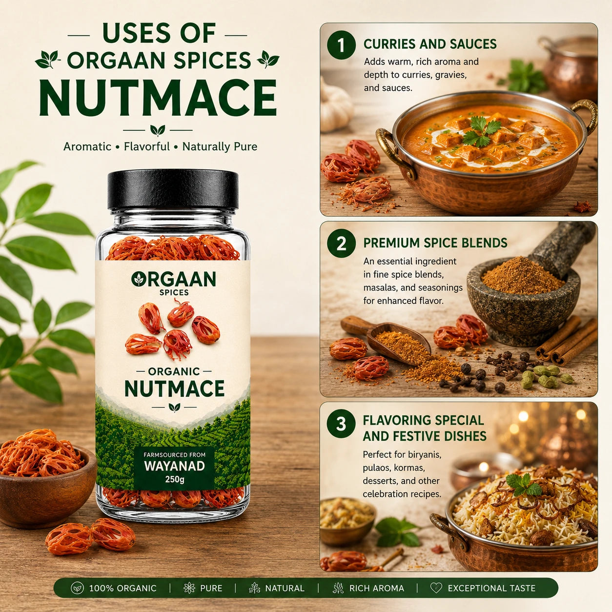 Orgaan Spices Nutmace packaging with uses and benefits displayed on a wooden surface.