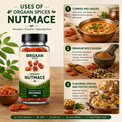 Orgaan Spices Nutmace packaging with uses and benefits displayed on a wooden surface.