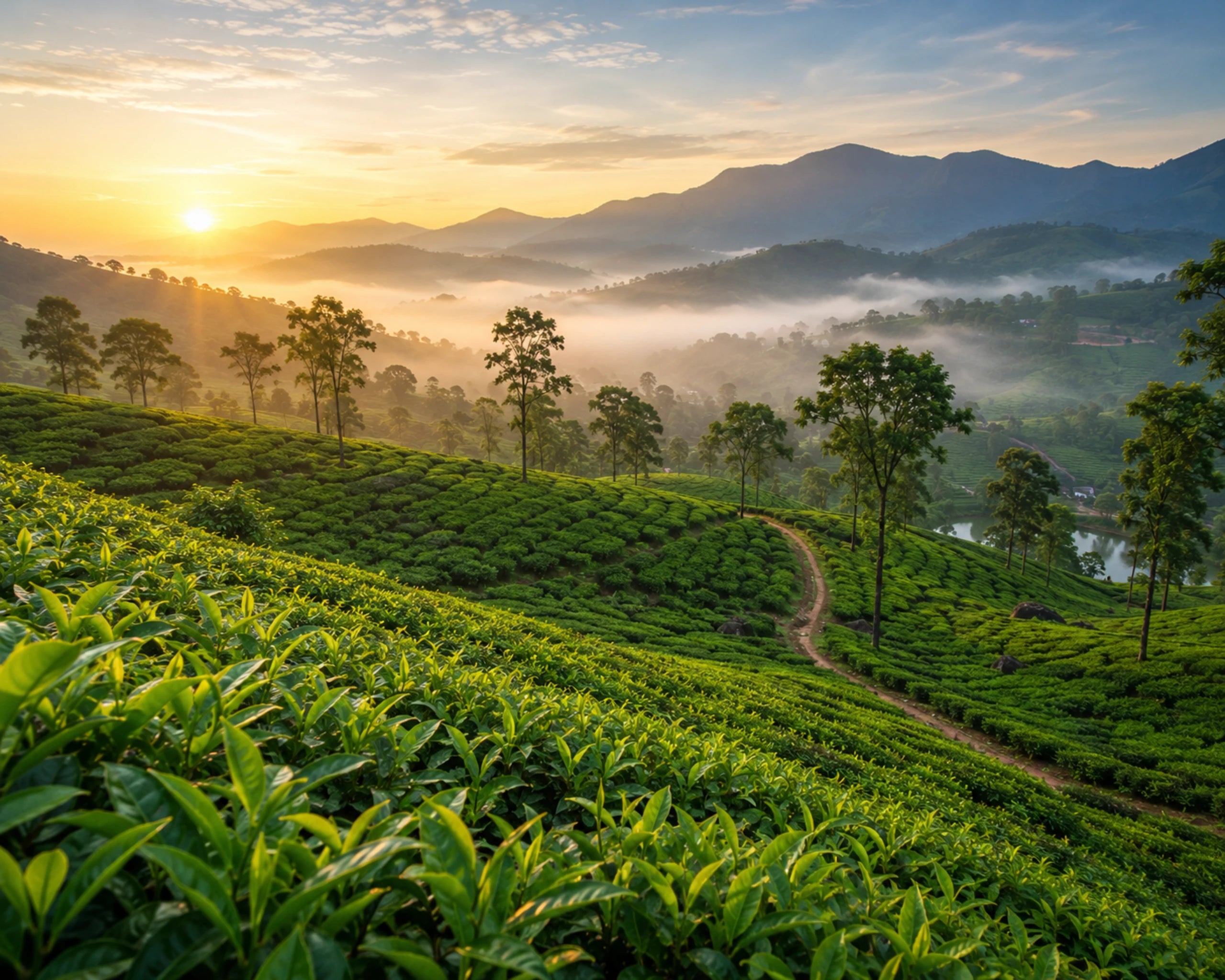 Sunrise over a tea plantation with misty mountains in the background